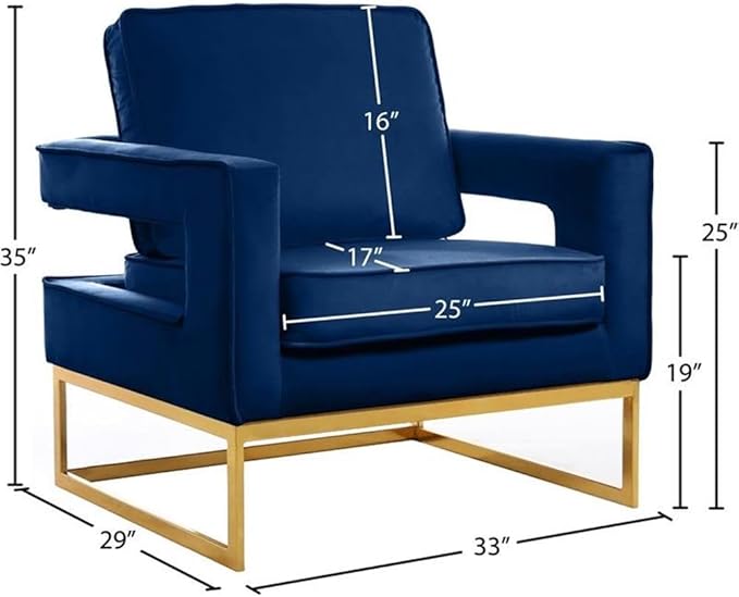 Meridian Furniture Noah Collection Modern | Contemporary Velvet Upholstered Accent Chair with Durable Stainless Steel Base, Navy, Gold Base