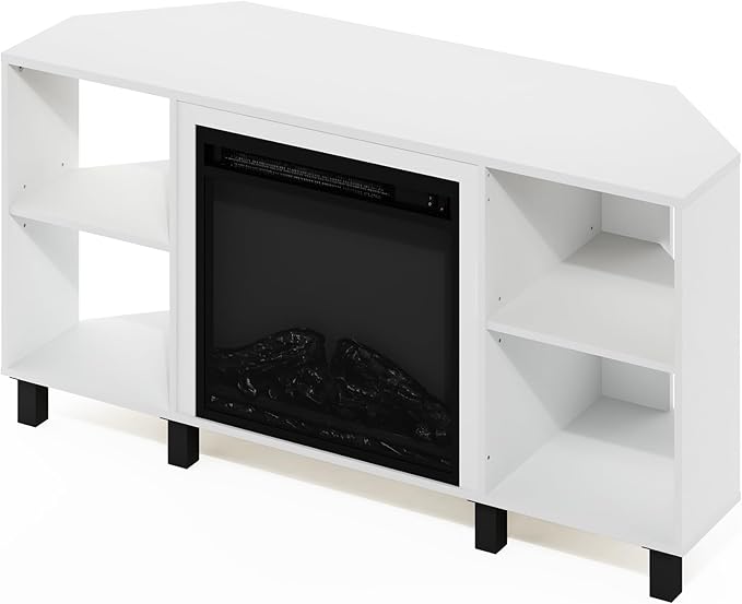 Furinno Jensen Corner Fireplace TV Stand with 4 Open Compartments for TV up to 55 Inches, Solid White
