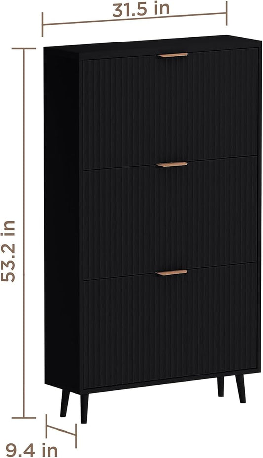 Shoe Cabinet Storage,Modern Freestanding Organizer with 3 Flip Drawers,Narrow Shoe Rack Cabinet for Entryway,Black