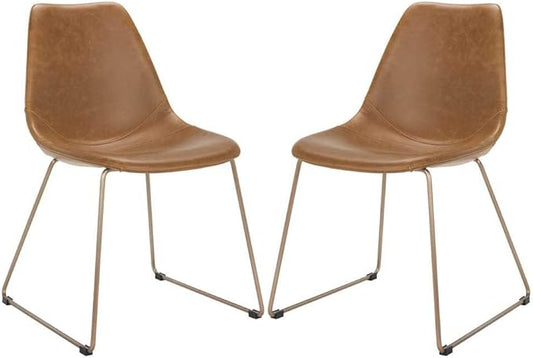 Safavieh Home Dorian Mid-Century Modern Light Brown Faux Leather and Copper Dining Chair, Set of 2