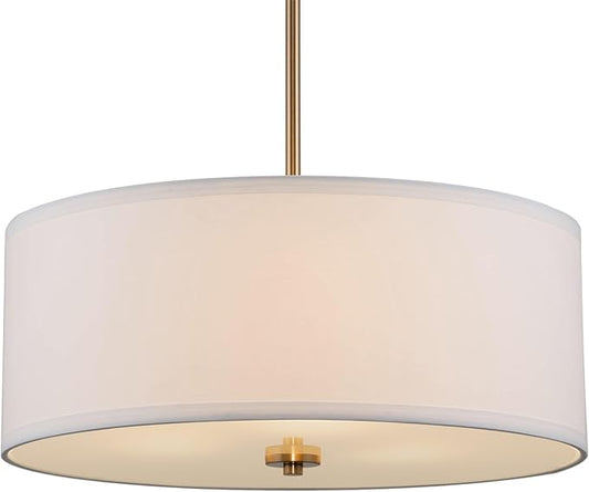 Kira Home Nolan 18" Classic 3-Light Drum Pendant Chandelier, White Fabric Shade + Round Glass Diffuser, Adjustable Height, Cool Brass Finish