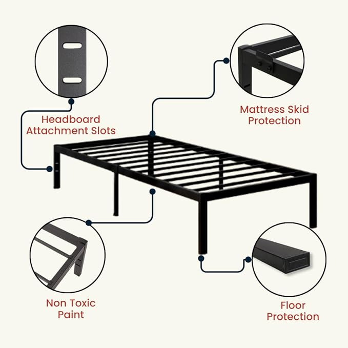Golden Gate Beds Metal Platform Bed Frame, Heavy Duty, Sturdy Steel Mattress Foundation, No Box Spring Needed, Easy Assembly, 14 Inch Raised Base for Under Bed Storage, Bedframe for Twin Size, Black