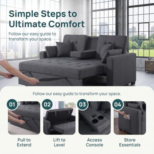 70" Queen Pull Out Sleeper Sofa with USB Port & Cup Holder, Gray