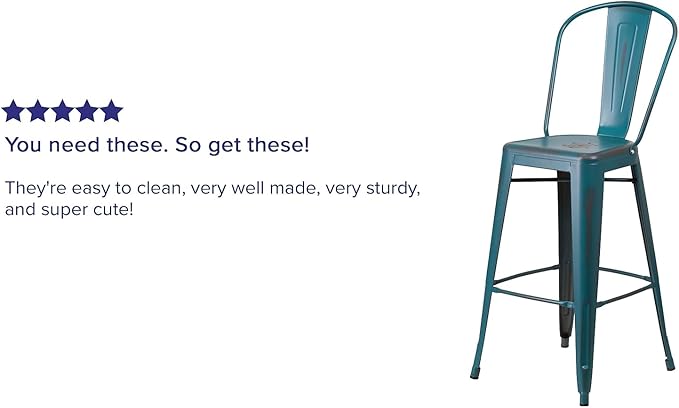 Flash Furniture Blake Commercial Grade 4 Pack 30" High Distressed Kelly Blue-Teal Metal Indoor-Outdoor Barstool with Back