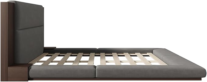 Merax Queen Size Floor Upholstered Platform Bed Frame with Extended Wood Headboard and Bedside Shelf,Easy Assembly,No Box Spring Needed,Gray