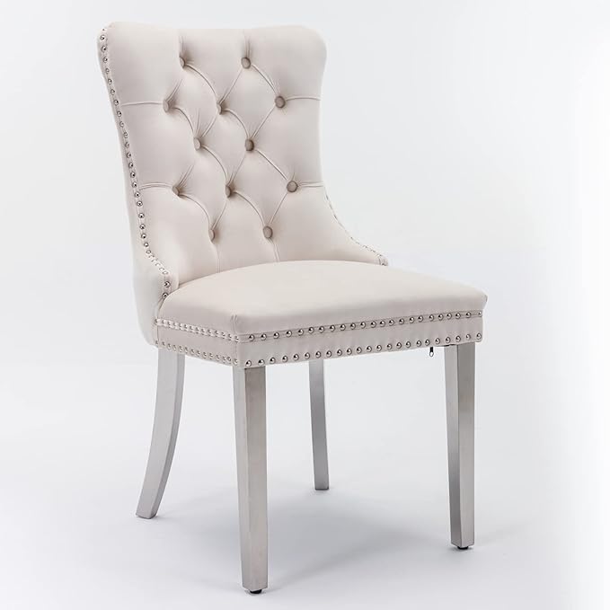 Solid Wood Dining Chair with Nailhead Trim,Velvet Upholstered W/Chrome Stainless Steel Plating Legs,Set of 2,for Living Room,Apartemnt,Beige and Chrome