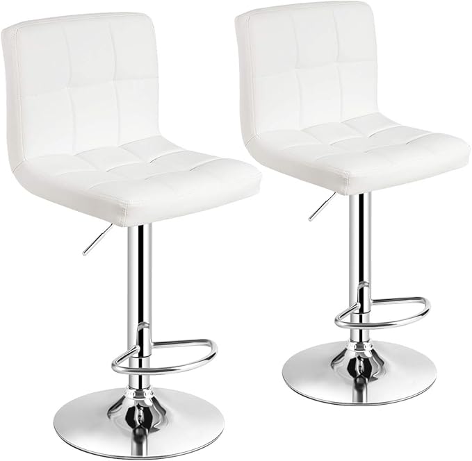 COSTWAY Adjustable Bar Stools Set of 2, Modern Swivel PU Leather Bar Chair with Backrest, Soft Cushioned Seat, Footrest, Sturdy Metal Frame, Comfortable Barstools for Kitchen Island, Pub, White