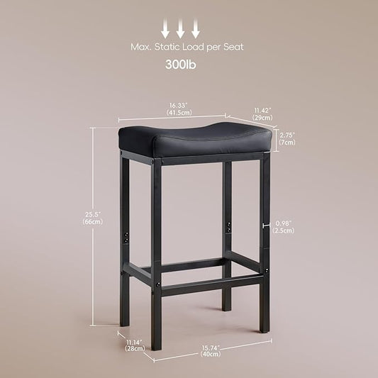 Counter Height Bar Stools Set of 2, 25.5 Inch, Faux Leather bar Stool, Saddle Barstool with Footrest,Stools for Kitchen Counter,Dining Room,Easy Assembly, Black