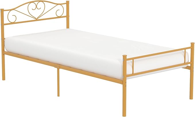 VECELO 14 Inch Twin Size Metal Platform Bed Frame with Headboard and Footboard, Heavy Duty Mattress Foundation with Steel Slats Support, No Box Spring Needed, Gold