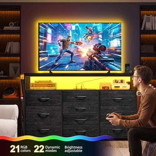 EnHomee 10-Drawer Dresser TV Stand for 55" TV with LED Lights, Power Outlets & Side Pockets (Black)