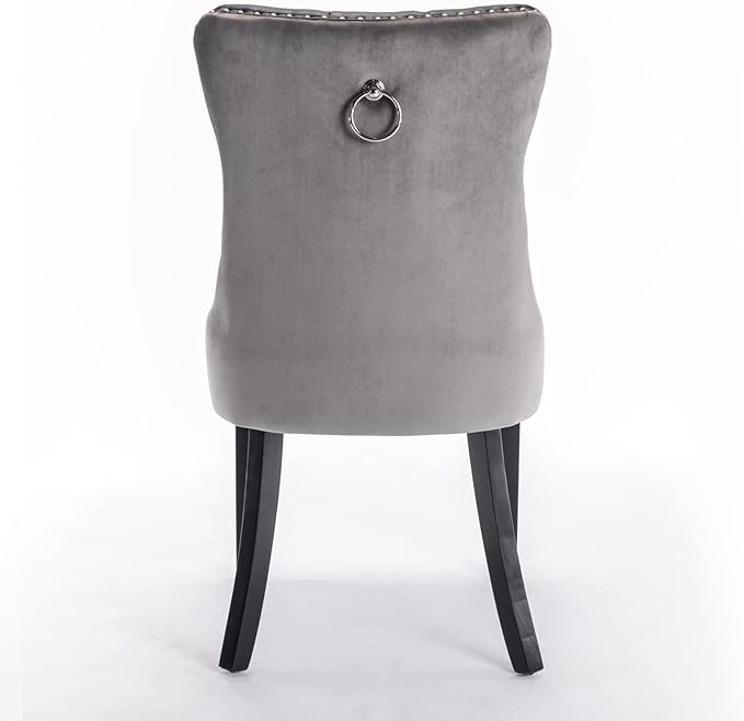 2-Pcs Set PU and Velvet Upholstered Dining Chair with Wood Legs,Nailhead Trim Modern Upholstered Side Chair W/Button Back Ring,for Sitting Room,Apartment,Black+Gray