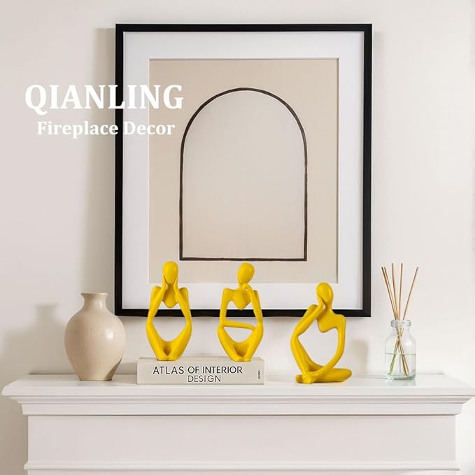 Yellow Thinker Statue Decor for TV Stand, Shelf, Desk, or Coffee Table - Set of 3 Resin Figurines for Living Room Decorative Objects, Modern Sculpture, Minimalist Bookcase Decor, Home Accents