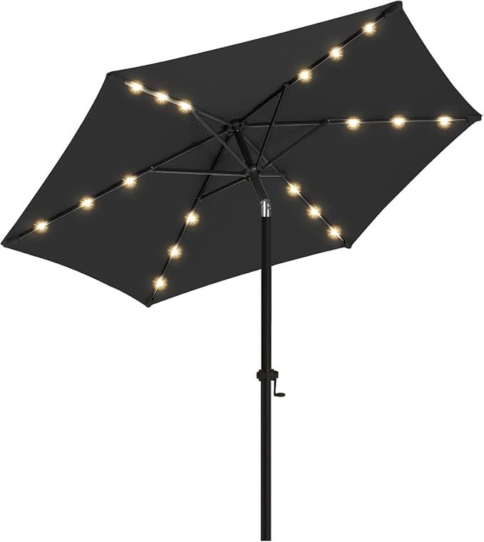 wikiwiki 7.5ft Outdoor Patio Table Umbrella, Sturdy Solar Led Market Umbrella for Deck, Pool, Garden w/Tilt, Crank, 18 LED Lights - Carbon Grey