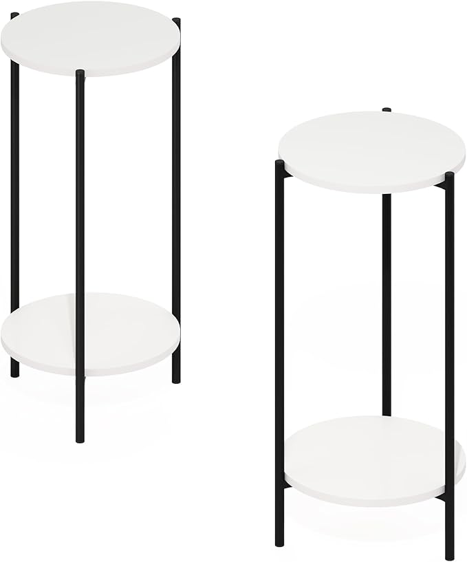 Furinno BESI Side Table Set of 2, 2-Tier Small Round End Table with Metal Legs, Night Stand, Bedside Table, Easy Assembly, for Living Room, Bedroom, White