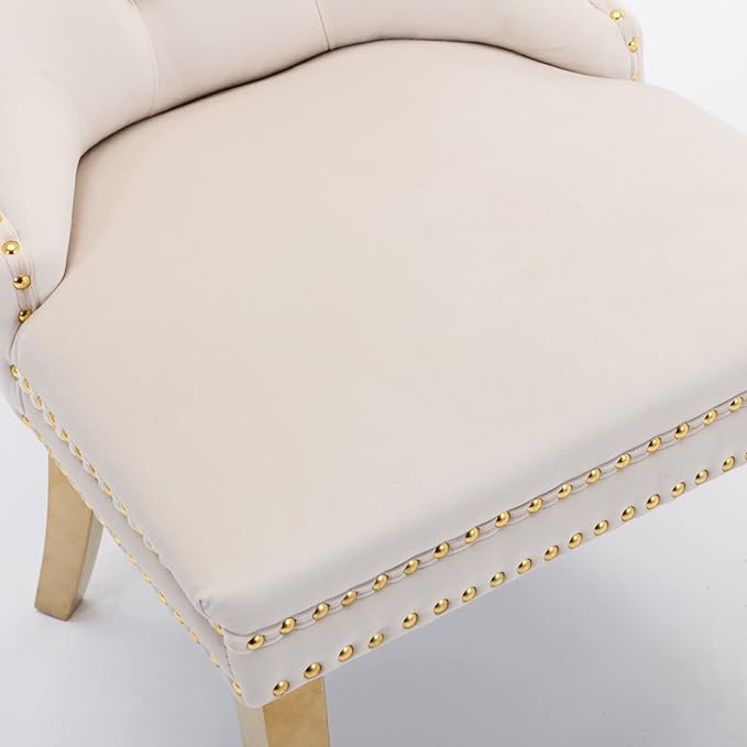 Set of 2 Solid Wood Contemporary Velvet Upholstered Dining Chair with Golden Stainless Steel Plating Legs,Distinction W/Nailhead Trim,for Living Romm,Apartment,Beige and Gold
