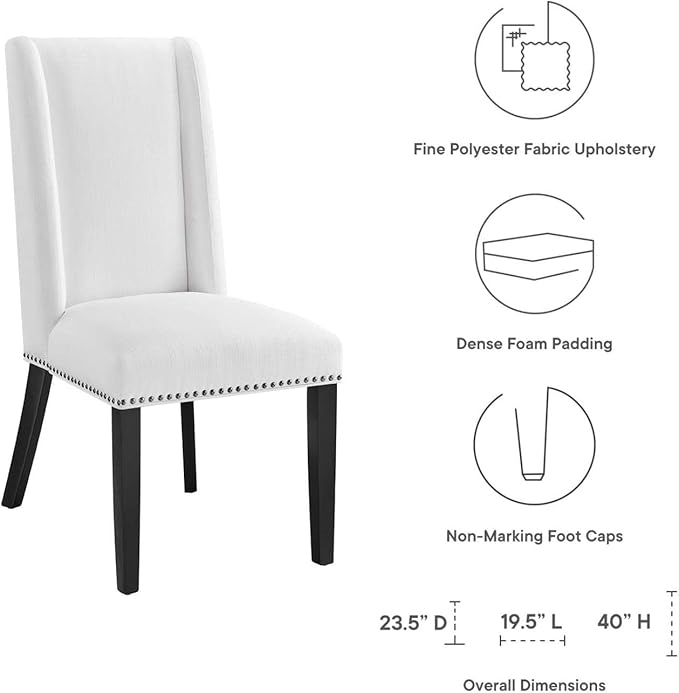 Modway Baron Upholstered Fabric Tall Back Dining Parsons Chair with Nailhead Trim in White 23.5 x 19.5 x 40