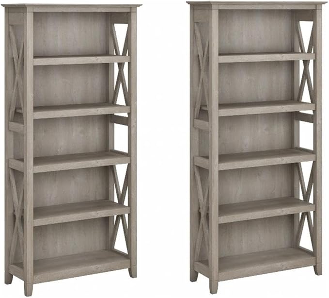 Bush Home Key West 5 Shelf Bookcase - Set of 2 | Tall Bookshelves in Washed Gray | Sturdy Display Shelves for Library, Living Room, and Home Office