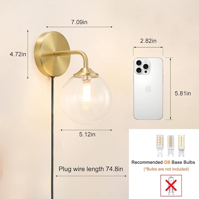 Gold Plug in Wall Sconces Set of 2, Mid Century Plug Sconce with Clear Globe Glass Lampshade, Brushed Art Deco Wall Light Fixture with Plug in Cord for Bedroom Living Room Hallway, G9 Bulbs