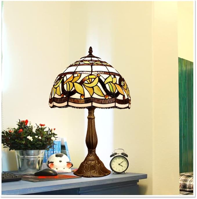 MIAOKE Stained Glass Table Lamp,Stained Glass Crystal Bead Style Table Light, Handmade Desk Bedside Night Light, Antique Art Craft Gifts Lover Living Room Bedroom Bookcase (Lace Baroque)