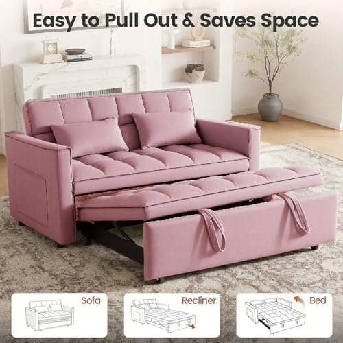 54" Convertible Pull Out Sofa Bed with Adjustable Backrest, Pink