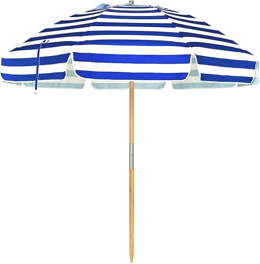 AMMSUN 7.5ft Heavy Duty HIGH Wind Beach Umbrella Commercial Grade Patio Beach Umbrella with Air Vent Ash Wood Pole & Carry Bag UPF 50+ Protection Stripe Blue white