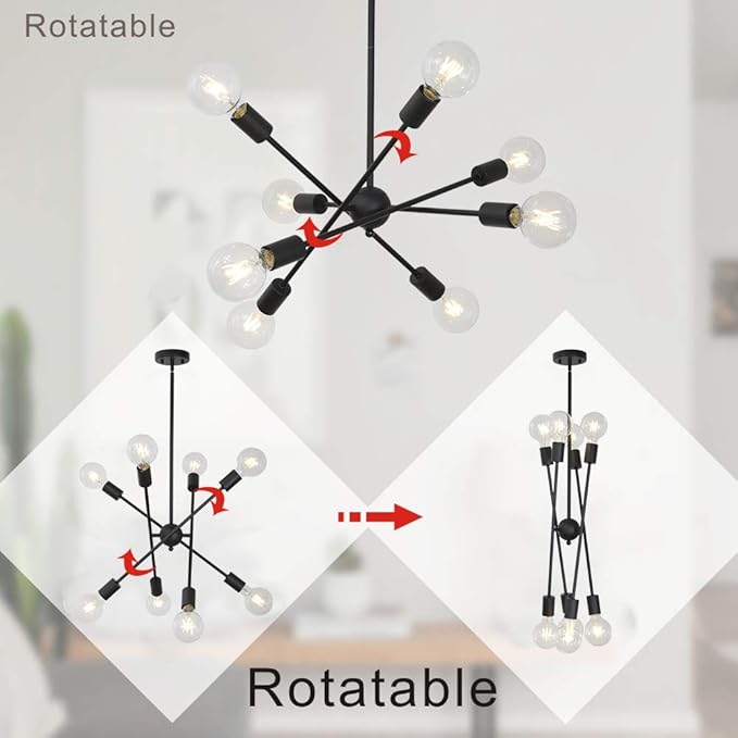 BONLICHT Black Sputnik Chandeliers 8 Light Vintage Industrial Semi Flush Mount Ceiling Light Mid Century Modern Pendant Lighting for Kitchen Dining Room Foyer Hallway