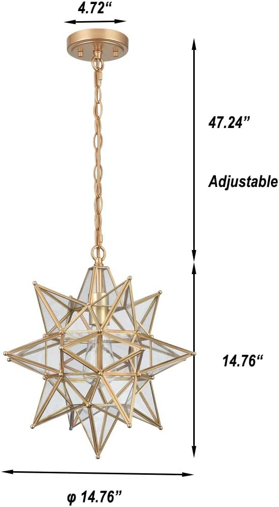 DIRYZON Modern Moravian Star Pendant Light for Kitchen Island Boho Gold Hanging Ceiling Light with Clear Glass Adjustable Chain,16 Inch