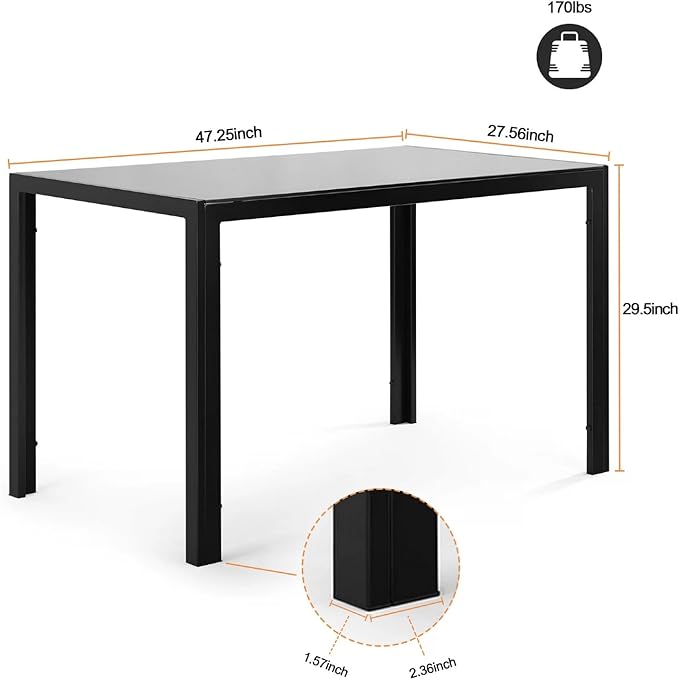 Tempered Glass Dining Table, Minimalist Rectangular Table with Transparent Surface and Metal Frame Construction, 47.3'' Table up to 4 People, Supports up to 170 Lbs, for Family Meals, Black