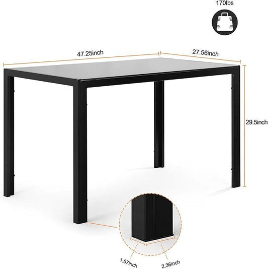 Tempered Glass Dining Table, Minimalist Rectangular Table with Transparent Surface and Metal Frame Construction, 47.3'' Table up to 4 People, Supports up to 170 Lbs, for Family Meals, Black
