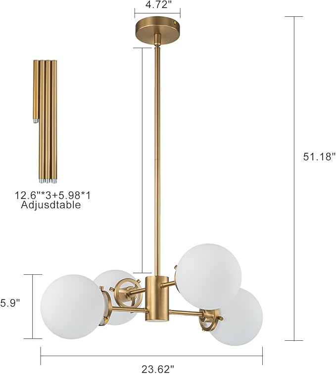 Gold Sputnik Chandelier with Milk Glass Globes, 23.6" 4-Light Mid-Century Pendant Light for Dining Room, Living Room,Foyer, Entryway