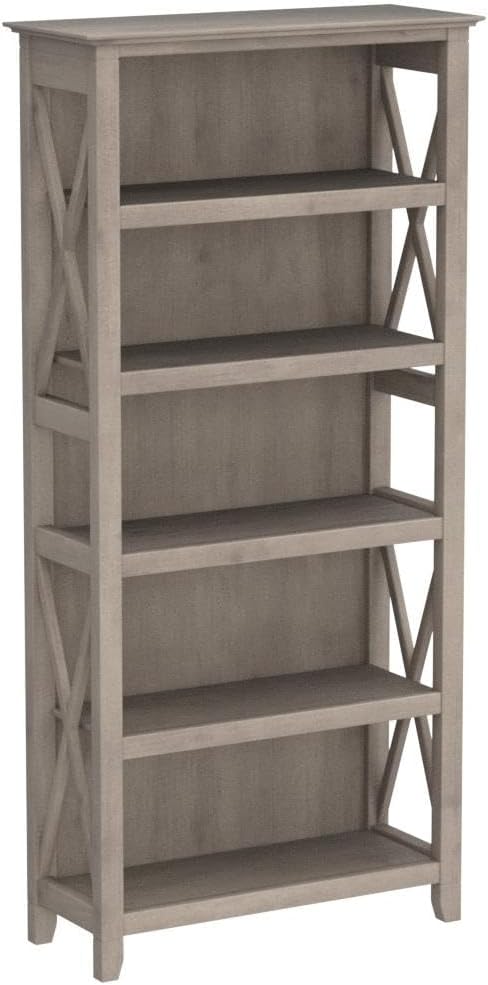 Bush Home Key West 5 Shelf Bookcase - Set of 2 | Tall Bookshelves in Washed Gray | Sturdy Display Shelves for Library, Living Room, and Home Office