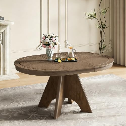 Bellemave 42"-58" Extendable Dining Table for 4-6, Farmhouse Round Kitchen Table with Removable Leaf and Crossed Legs for Kitchen, Dining Room (Espresso)