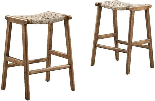 Modway Saoirse Woven Rope Wood Counter Stool - Set of 2 in Walnut Natural