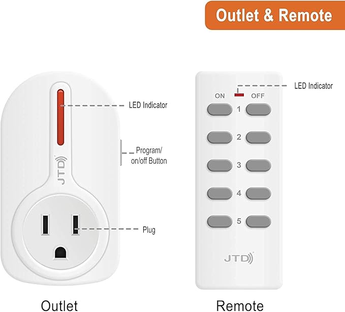 JTD 5X2 Wireless Remote Control Outlet Switch Smart Outlet Plug Energy Saving for Household Appliances, Lamp, Light, Fixture, Electrical Equipment, up to 100ft Long Range, Strong RF Signal (5 Pack)