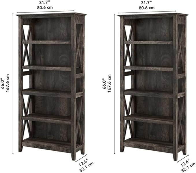 Bush Home Key West 5 Shelf Bookcase - Set of 2 | Tall Bookshelves in Dark Gray Hickory | Sturdy Display Shelves for Library, Living Room, and Home Office