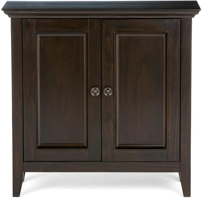 SIMPLIHOME Amherst 32-inch Wide Solid Wood Transitional-Style Low Storage Cabinet in Hickory Brown for Living Room, Entryway, or Dining Area with Adjustable Shelves