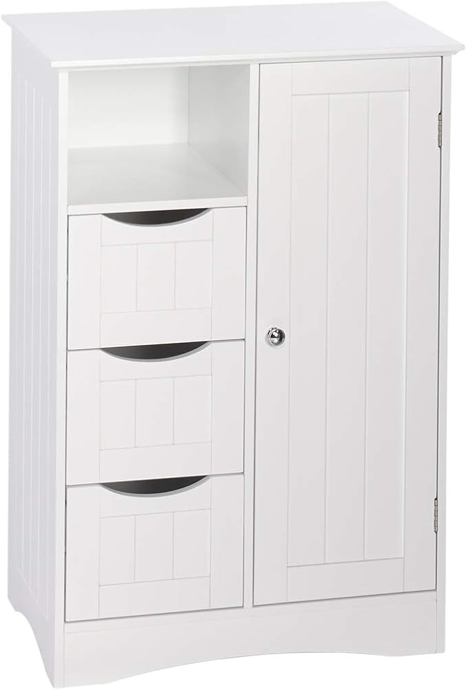 RiverRidge Ashland Bathroom Storage Cabinet with 3 Drawers, Adjustable Shelf & Beadboard Styling - White Bathroom organizer - Freestanding Storage Cabinet
