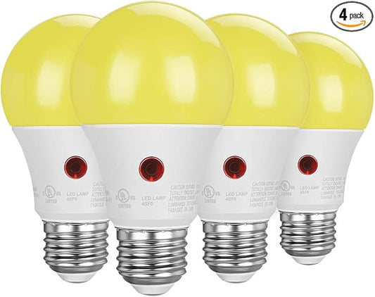 DEWENWILS A19 Dusk to Dawn LED Outdoor Light Bulb, Yellow Bug Light Bulbs for Outside, 2000K Amber Glow, 9W Equivalent 60W, E26 Base, LED Amber Light Bulbs for Porch, Patio, Backyard, 4 Pack UL Listed