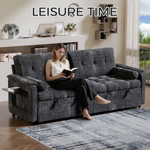 Convertible Sleeper Sofa Bed, 86 Inch Chenille Pull Out Couch with Side Table & Adjustable Backrest, Sectional Sleeper Sofa with Pull Out Bed for Living Room, Apartment, Black