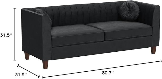 Container Furniture Direct Arvilla Velvet Sofa with Bolster Pillows, Soft Upholstery, Mid Century Modern Design, Chesterfield-Inspired Couch for Living Rooms, Midnight