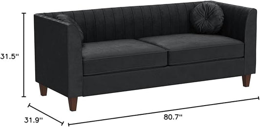 Container Furniture Direct Arvilla Velvet Sofa with Bolster Pillows, Soft Upholstery, Mid Century Modern Design, Chesterfield-Inspired Couch for Living Rooms, Midnight