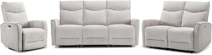 ANJ 3Pieces Recliner Sofa Furniture Set,Power Swivel Recliner Chair with USB Port, 2-Seater Loveseat Sofa and 80" Wide Overstuffed 3 Seater Reclining Couch for Living Room, Light Grey