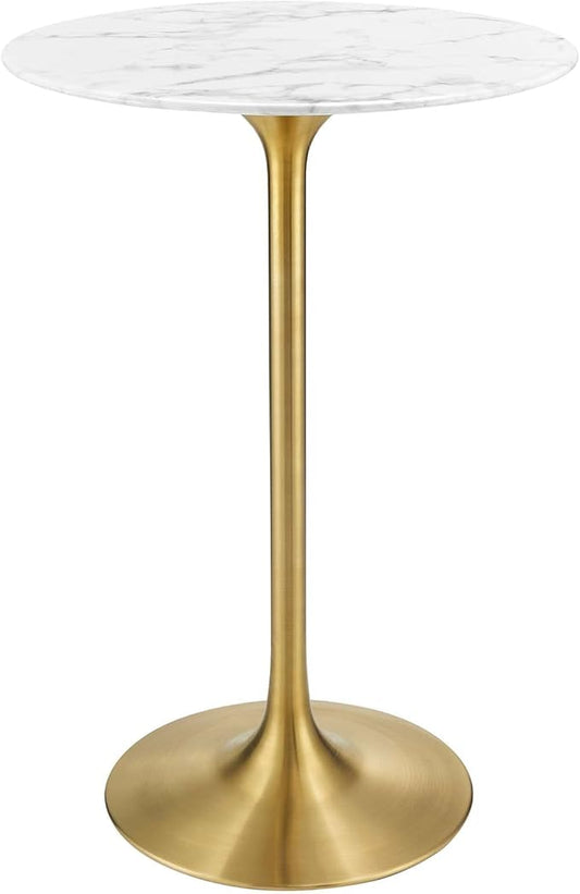 Modway Lippa 28" Mid-Century Modern Bar Table with Round White Top and Gold Pedestal Base