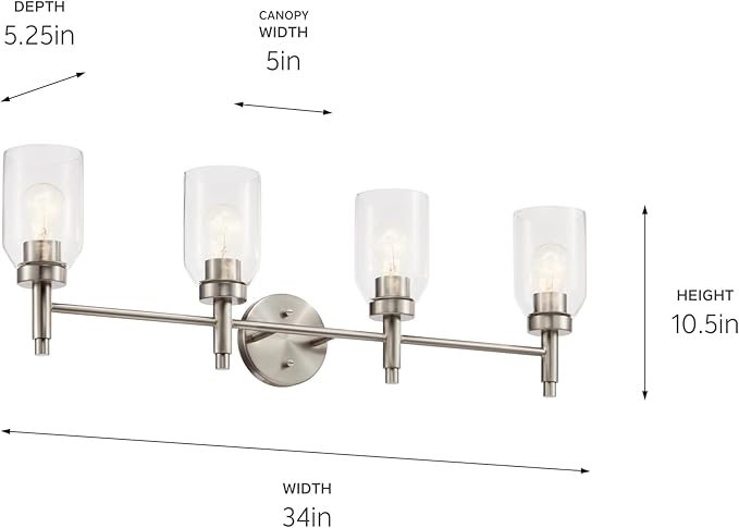 Kichler Madden 4-Light Vanity with Clear Glass in Brushed Nickel, Sloped Ceiling Compatible, for Single or Double Vanity in Bathroom (10.5" x 34"), 55186NI