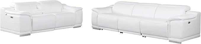 BlackJack Furniture Venice Top Grain Italian Leather Recliner 5 Seater 4 Power Reclining Seater 2 Piece Sofa Set with Adjustable Headrests Modern Seating Sofa and Loveseat for Living Room , White