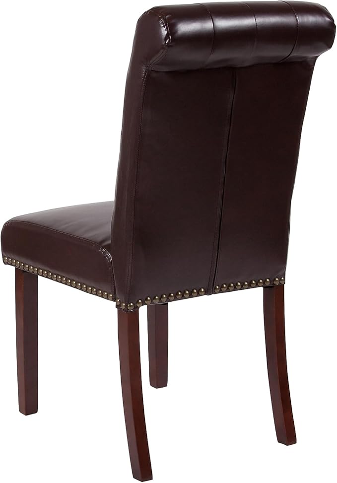 Flash Furniture HERCULES Series Brown LeatherSoft Parsons Chair with Rolled Back, Accent Nail Trim and Walnut Finish