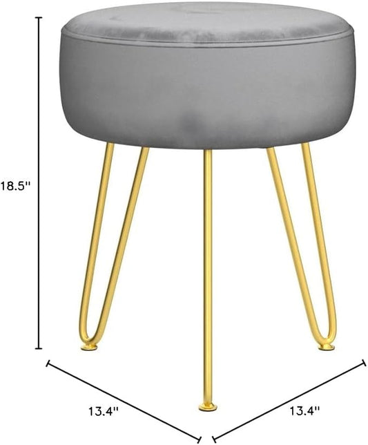 Velvet Soft Modern Vanity Stool -Round Footrest Stool Ottoman Side Table Seat Dressing with Golden Metal Leg and Sponge Filling,Upholstered Foot Rest, for Living Room and Bedroom (Gray)
