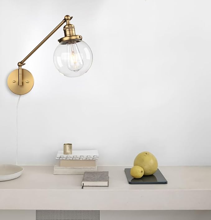 PERMO Plug in Wall Sconce Swing Arm Wall Lamp Industrial Sconce with 5.9" Glass Globe Shade Antique Gold Sconce for Bedroom, Living Room, Office