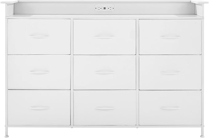 VEVOR 9 Drawer Dresser, Tall Drawer Dresser with Fabric Bin, Closet Storage Drawers with Sturdy Metal Frame, LED Lights & Built-in Outlet, Fabric Storage Tower for Bedroom, Hallway, Closet, White