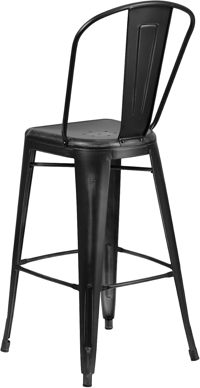 Flash Furniture Blake Commercial Grade 4 Pack 30" High Distressed Black Metal Indoor-Outdoor Barstool with Back